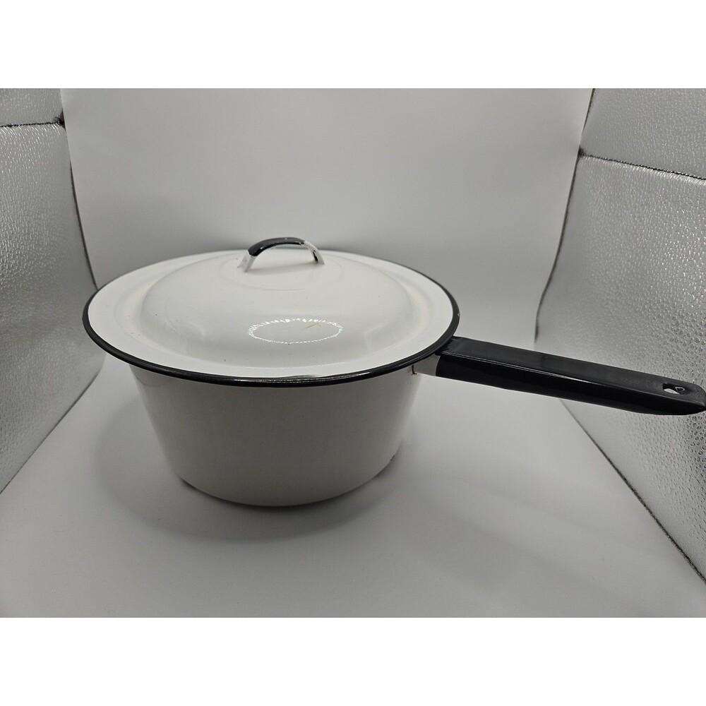 Vintage White with Black Trim Enamelware Saucepan with Handle / Rustic Farmhouse